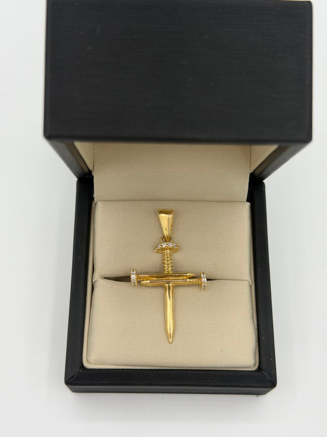 Dije cruz clavos lisos con puntas en casting circones blancos Oro amarillo 18k +1 / 3,48 Gr / 22,3 mm / 3,3 Cm