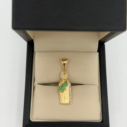 Dije San Judas Tadeo silueta casting circones verdes Oro amarillo y Oro blanco 18k +1 / 2,35 Gr / 9 mm / 2,7 Cm