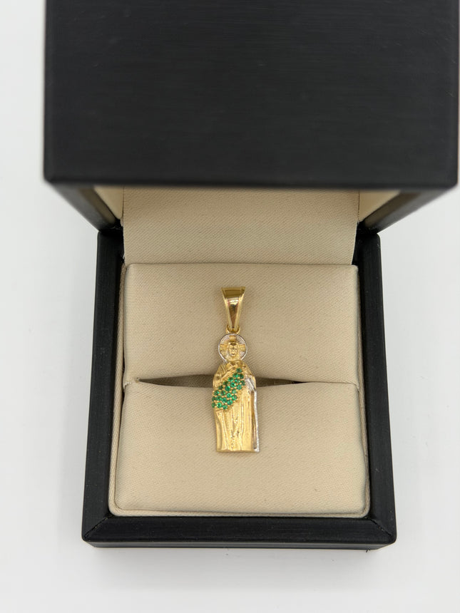 Dije San Judas Tadeo silueta casting circones verdes Oro amarillo y Oro blanco 18k +1 / 2,35 Gr / 9 mm / 2,7 Cm