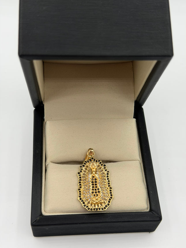 Dije virgen guadalupe silueta casting circones blancos y negros Oro amarillo 18k +1 / 5,12 Gr / 18 mm / 3,2 Cm