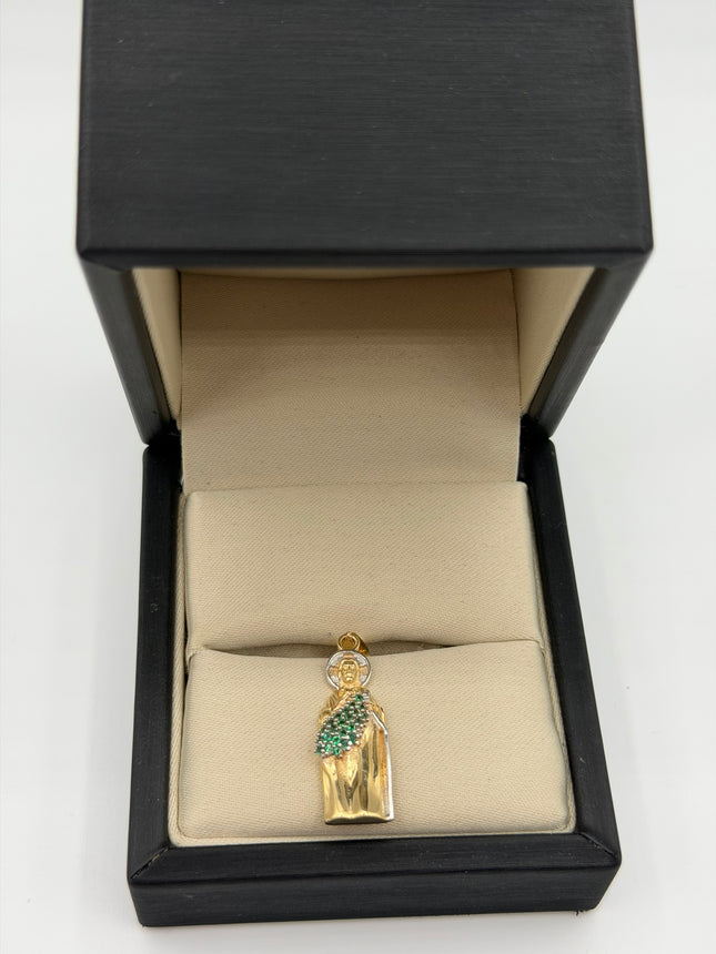 Dije San Judas Tadeo silueta casting circones verdes Oro amarillo y Oro blanco 18k +1 / 2,98 Gr / 9,7 mm / 2,7 Cm