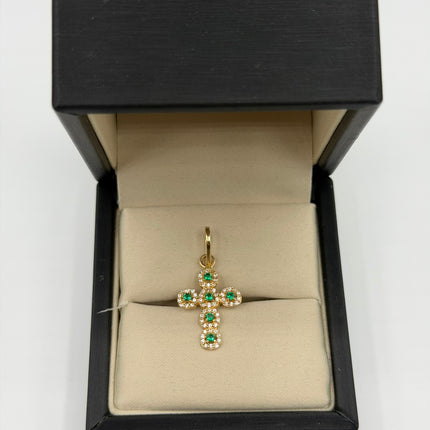 Dije cruz casting circones blancos y verdes Oro amarillo 18k +1 / 4,11 Gr / 20,4 mm / 3 Cm