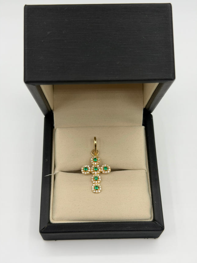 Dije cruz casting circones blancos y verdes Oro amarillo 18k +1 / 4,11 Gr / 20,4 mm / 3 Cm